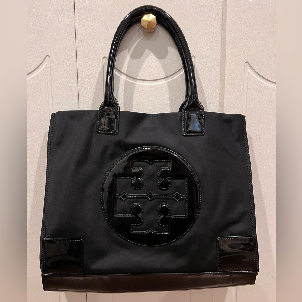 Tory Burch Ella Patent Nylon Tote, Black